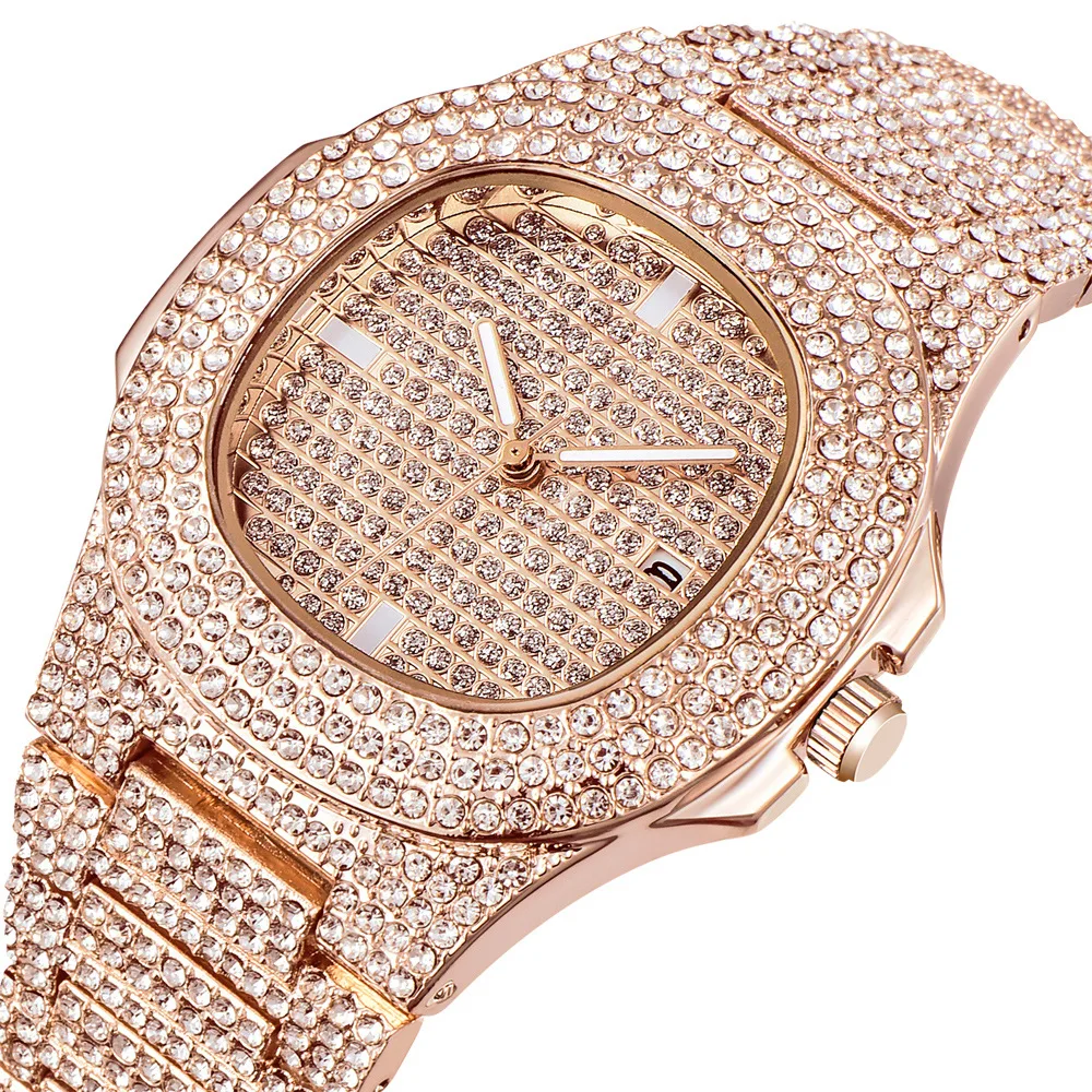 

men watches luxury brand Iced Out Hip Hop men watches high quality steel diamond crystal calendar watches