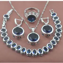 Классический синий камень циркония женские 925 пробы серебряные Ювелирные наборы браслет ожерелье кулон серьги кольцо YZ0371