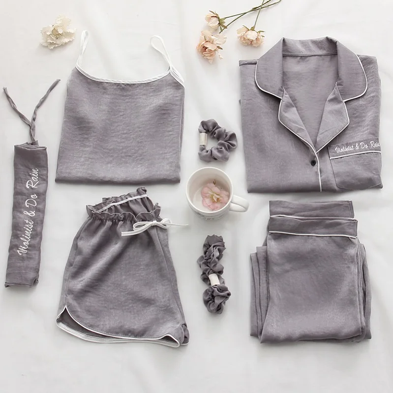 Женский пижамный комплект из 7 предметов, сексуальный пижамный комплект из искусственного шелка, Свободное пальто+ камзол+ длинные штаны+ короткие штаны и веревка для волос, женская одежда для сна - Цвет: Gray