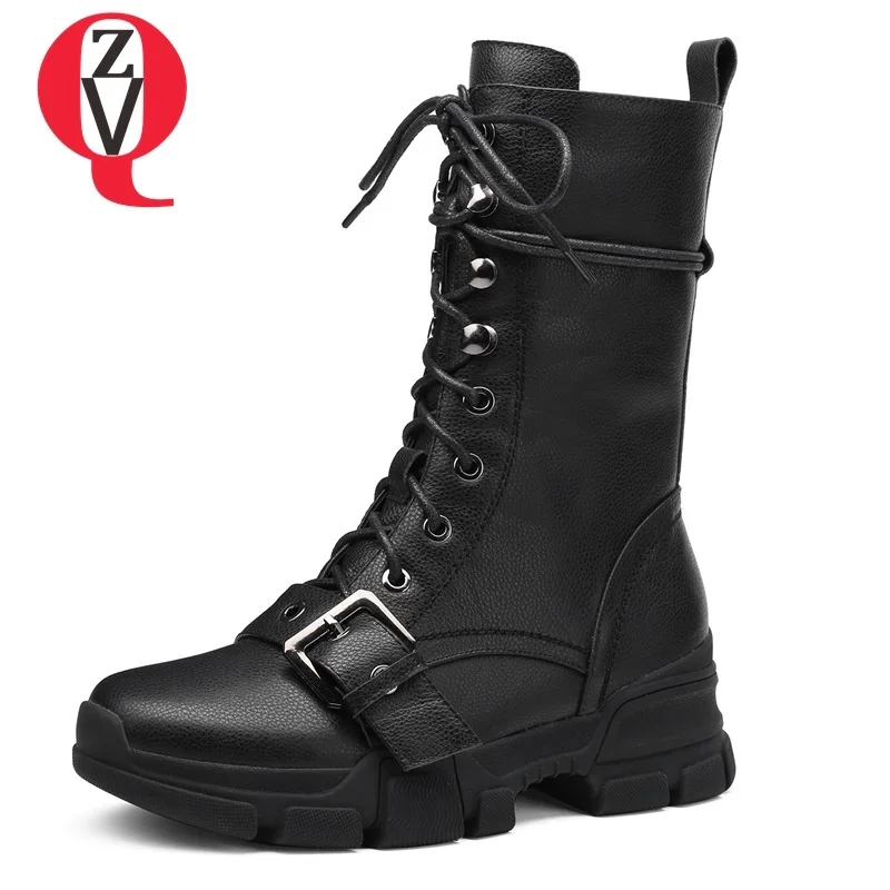 

ZVQ women shoes 2018 winter new round toe genuine leather med wedges platform zipper black and white cross-tied mid calf boots