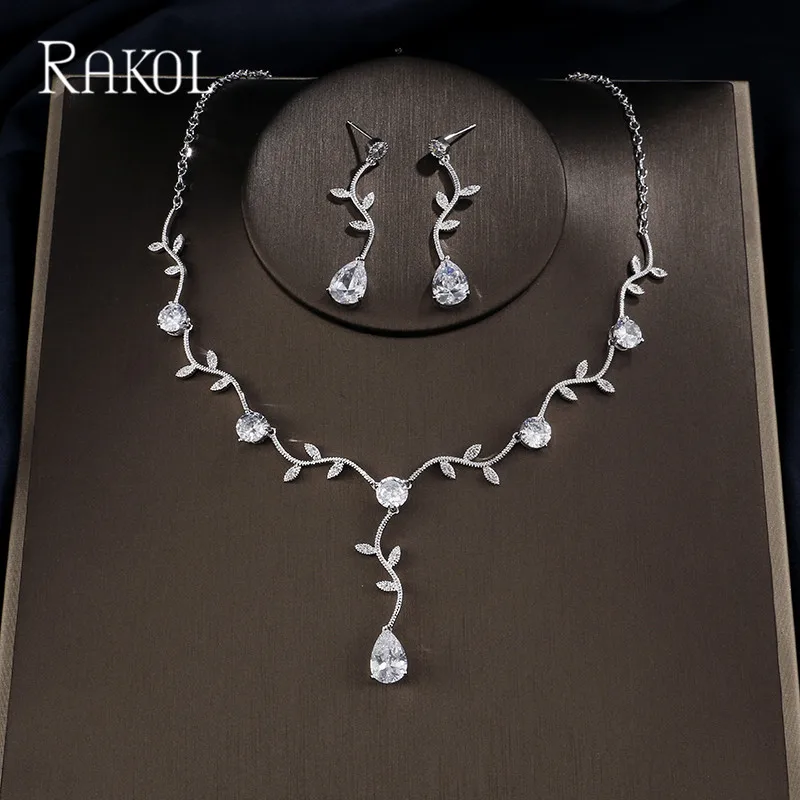 RAKOL Bijoux кубический циркон филиал африканские Свадебные Ювелирные наборы для женщин Серебряные каплевидные серьги ожерелье Рождественский подарок