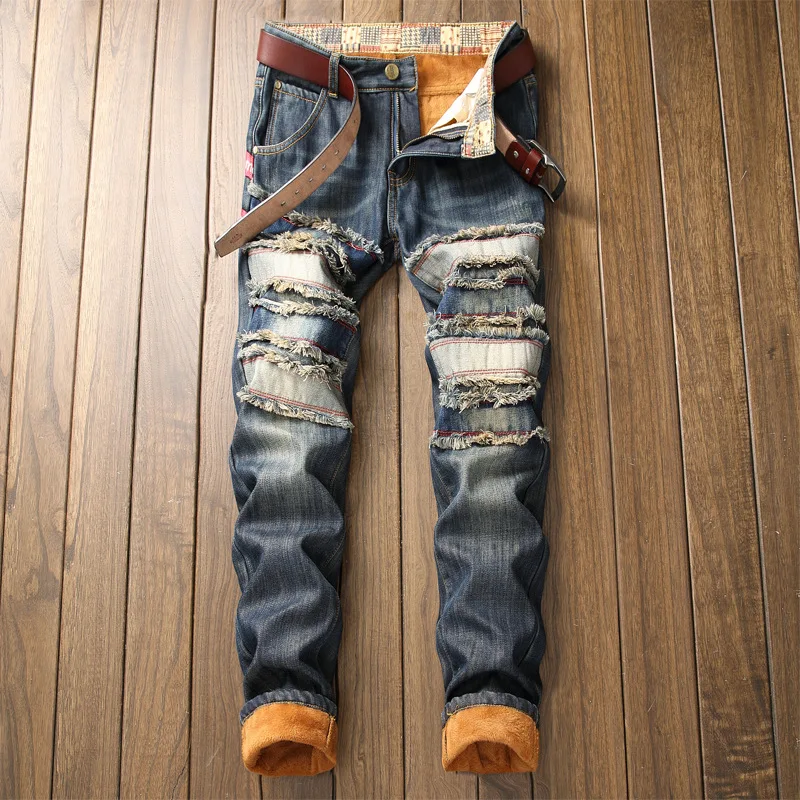 Джинсовые дизайнерские джинсы с дырками, высокое качество, рваные джинсы для мужчин, размер 28-38, 40, Осень-зима, плюс бархатная уличная одежда в стиле хип-хоп, панк