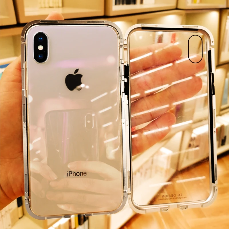

Magnetic back Phone Case for IPhone X 8 7 6 plus Clear Tempered Glass + Built-in Magnet Case for IPhone 8 6s plus Metal Cover