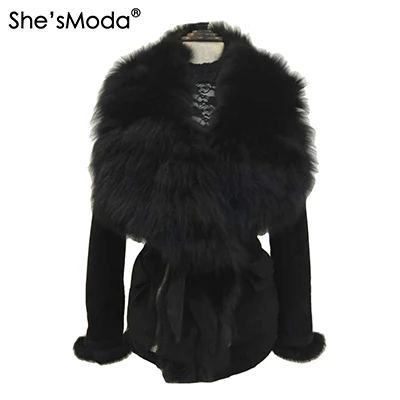black She'sModa роскошный замшевый натуральный Лисий меховой воротник пояса тонкий женский зимний панк пальто куртка - Цвет: black