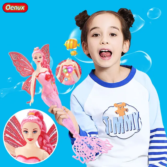Oenux Luminous Princess Mermaid Dolls With Wing Girls Toy New Swimming