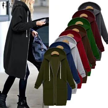 Plus Size Coats Jackets Womens Hooded Sweatshirt ZANZEA 2020 Winter Fleece Warm Long Zipper Outerwear Parka