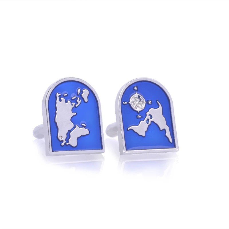 

Men's World Map Shirts Cufflinks Wedding Blue Silver Plated Global Ocean Compass Cuff Links Explorer Traveler Jewelry