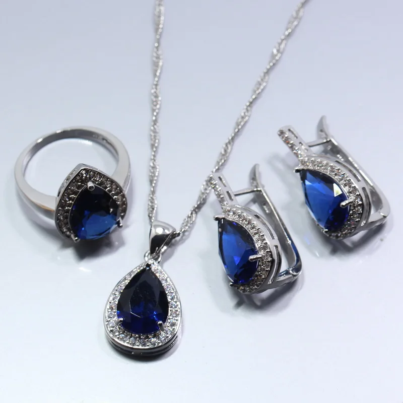 925 Silver Noblest Created White Zircon Women Water Drop Jewelry Set