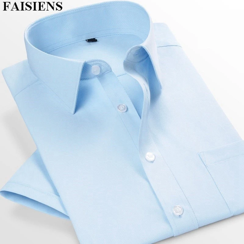 

FAISIENS Plus Large Size Summer Men Shirt 12XL 14XL Solid Short Sleeve White Pink Blue Male Business Men Dress Shirts