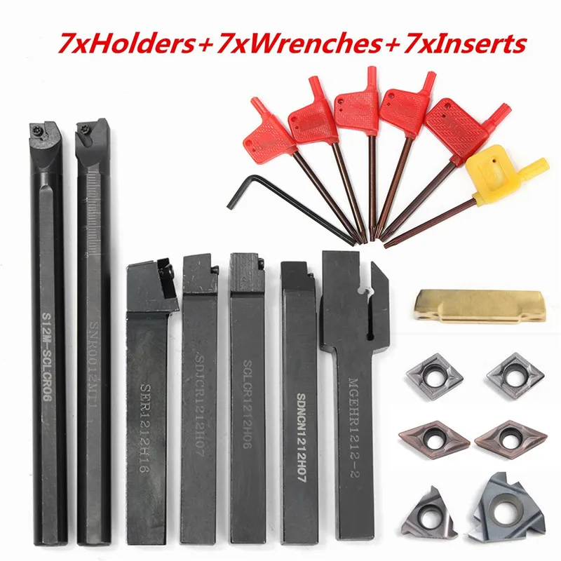 

7PCS DCMT CCMT Carbide Insert + 7PCS 12MM Lathe Turning Tool Holder Boring Bar + Wrench For Lathe Turning Tool