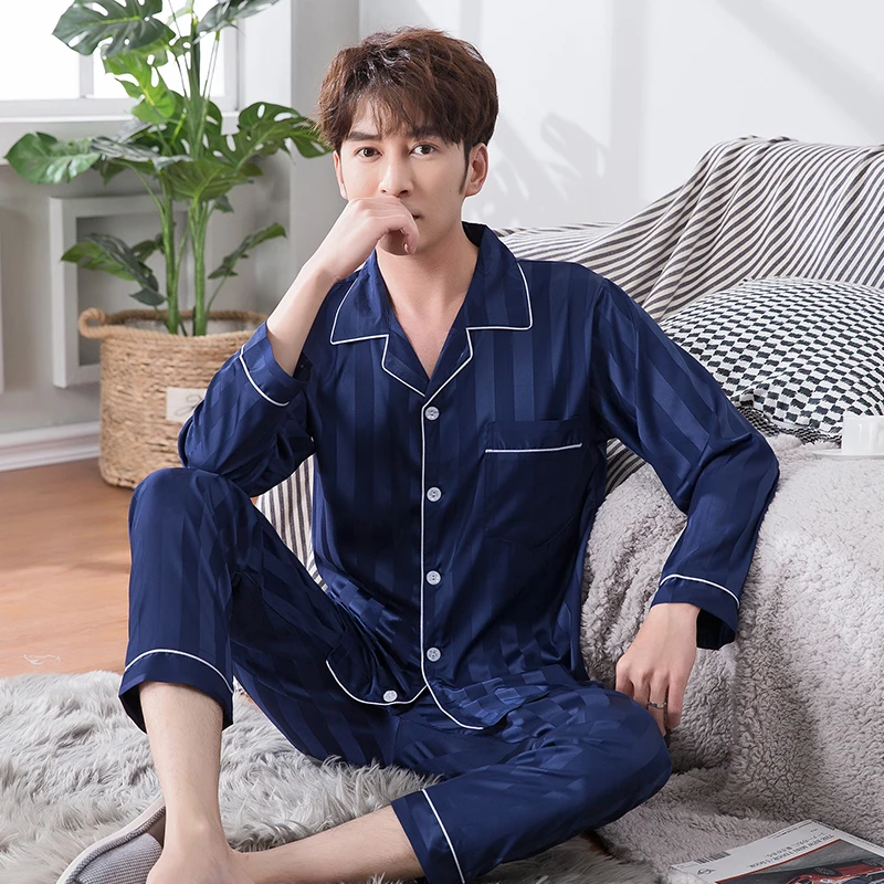 

High Quality WAVMIT Long Sleeve Silk Pajamas Set Two Pieces Set Men Sleepwear Leisure Nightwear for Men Sleepwear Long Pant
