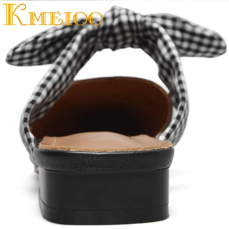 Kmeioo/обувь US 5-15 женские сабо галстук-бабочка в клетку Mule туфли с узлом бабочкой женские шлепанцы на плоской подошве милые повседневные модельные слипоны