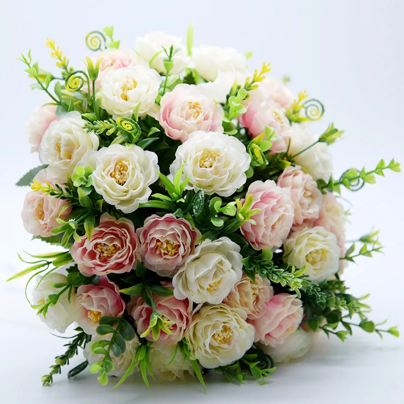 

SexeMara Pink Blue Ivory Bridal Bouquet fake flowers, home decoration, emulation, wedding bouquet