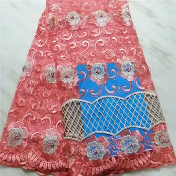 

Free Shipping (5yards / pc) Embroidered Peach African French Net Lace Fabric with Beads and Embroidered Party Dress
