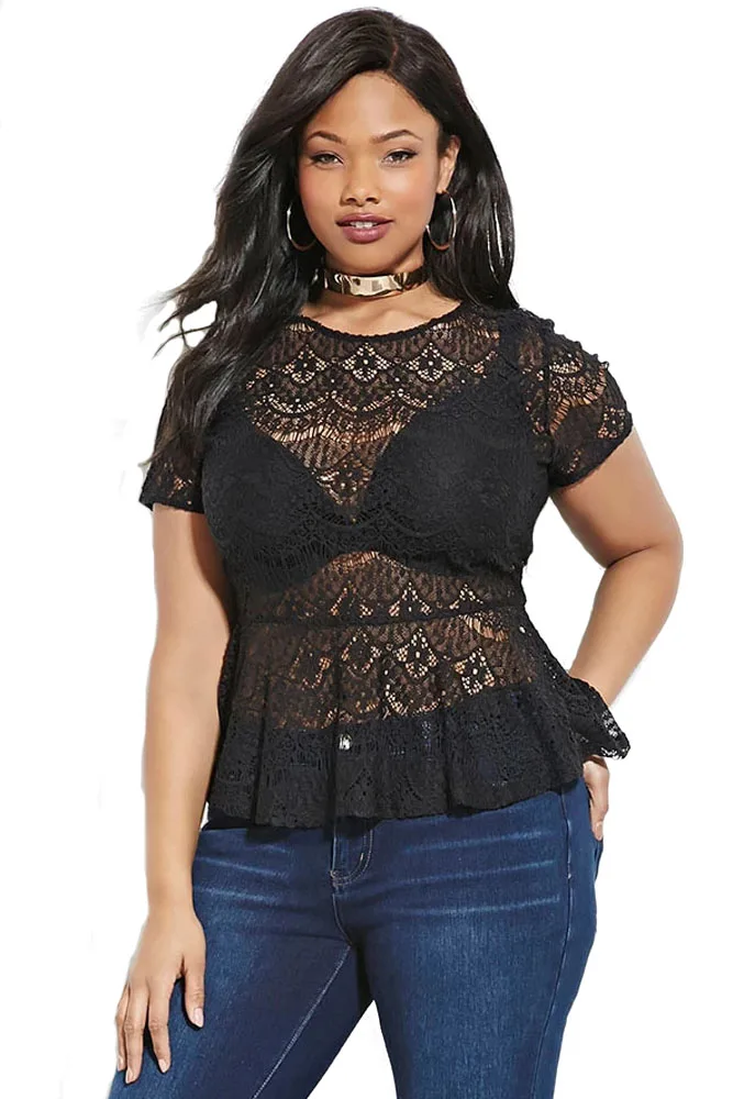 Tumblr Limited Hohosummer Style 2016 Sleeve Lace Peplum Top Plus Size