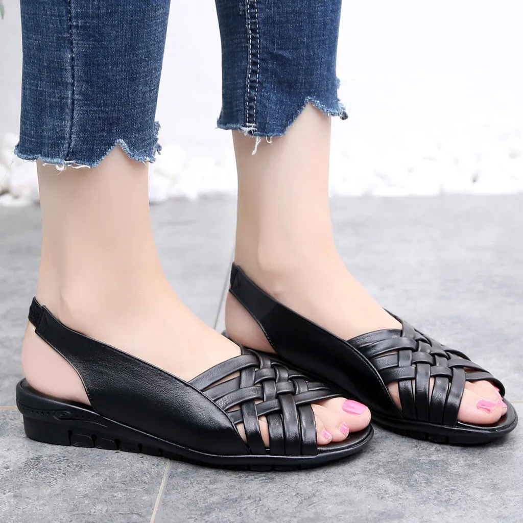 

2019 Summer Women Shoes Woman Genuine Leather Flat Sandals Open Toe Mother Wedges Casual Sandals Women Sandals Black