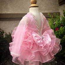 Розовые сетчатые Длинные рукава с жемчужинами, украшенные стразами, кружевное с открытой спиной, платье с цветочным узором для девочек платье из органзы для дня рождения, вечерние платья