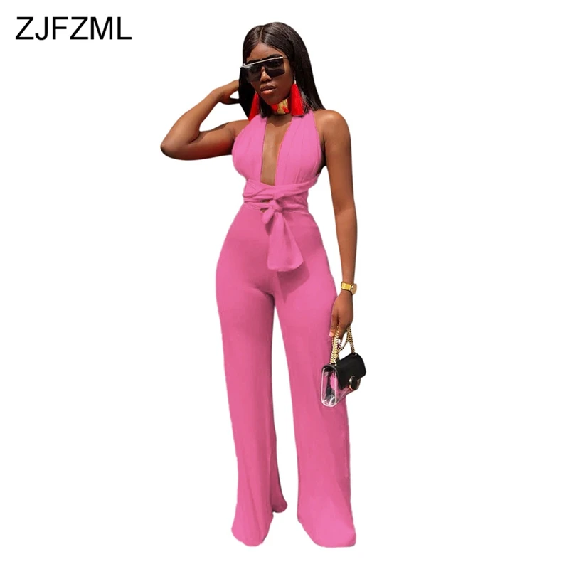 ZJFZML Sexy Backless Lace Up Bodycon Jumpsuit Women Deep V Neck Sleeveless Party Club Bodysuit 2018 Casual Solid Wide Leg Romper