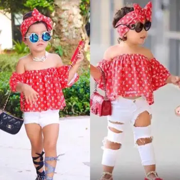 

2018 NEW !! girl summer outfits set / Off-shoulder top + Headband + Leggings with hole