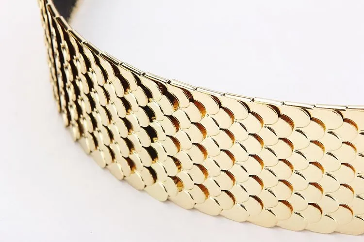 Мода металл широкий эластичный с черным пояском Для женщин золотой серебряный пояс из металла рыбьей кожи Хранитель бренд Ремни для Для женщин