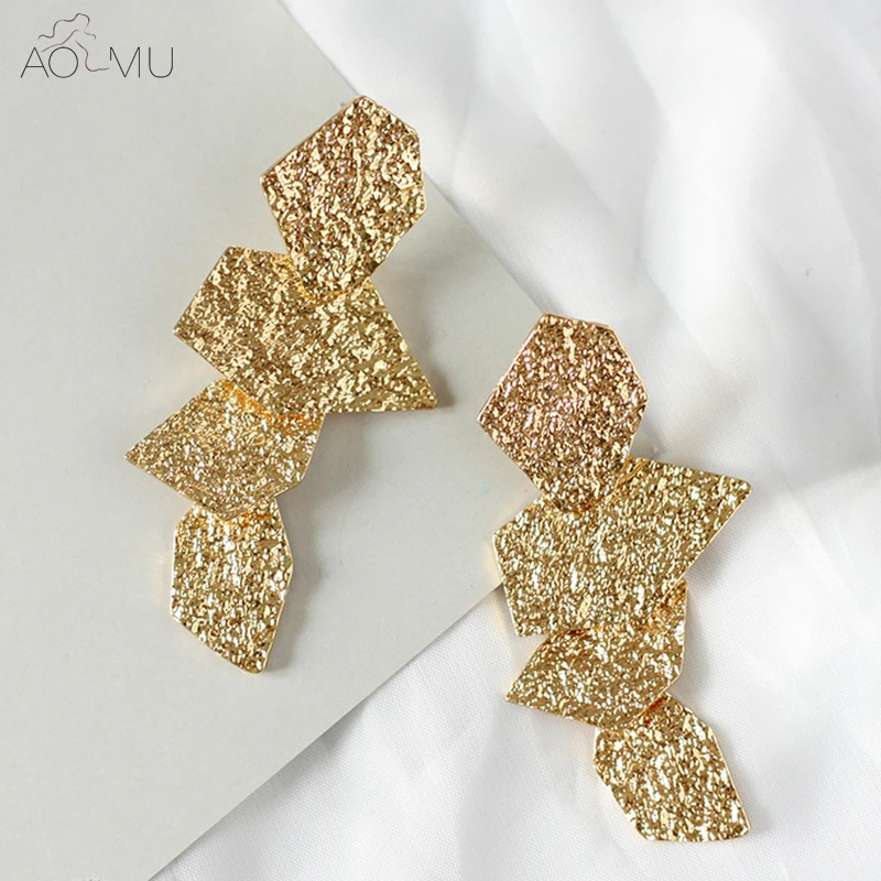 

AOMU 2017 Exaggerate Irregular Metal Hammered Geometric Big Drop Earrings Long Dangle Earrings Gift For Women