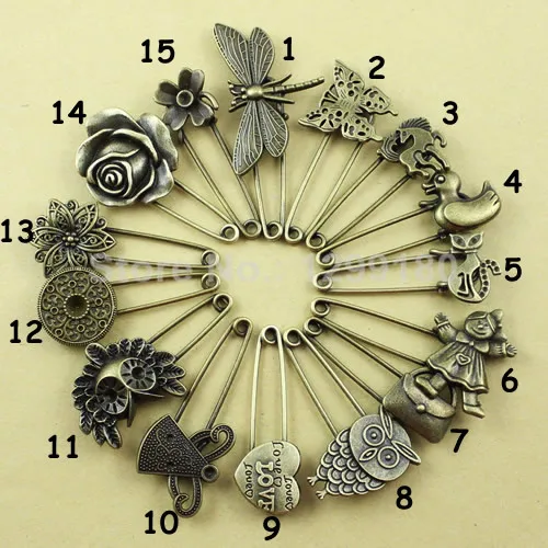 Random Mixed Alloy Antique Brass Vintage Brooch Safety Pins For Garment Accessories Scarf Clip Approx:52-68mm  2pcs