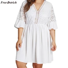 Страусиная мода, Взрывные модели, белое однотонное кружевное платье с v-образным вырезом большого размера, женское летнее платье большого размера с вышивкой