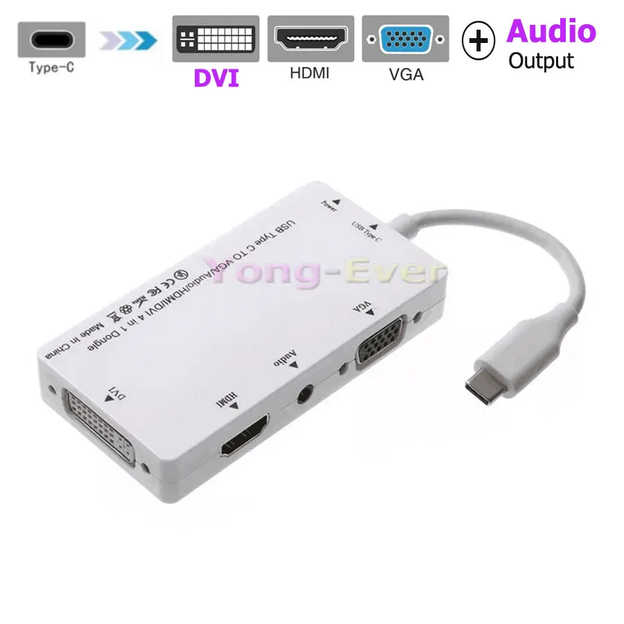 4 in 1 Dongle USB C 3.1 Type-C to HDMI VGA DVI With Audio Output Adapter USB-C Converter Cable for Macbook Chromebook Dell XPS13 4 in 1 Dongle USB C 3.1 Type-C to HDMI VGA DVI With Audio Output Adapter USB-C Converter Cable for Macbook Chromebook Dell XPS13
