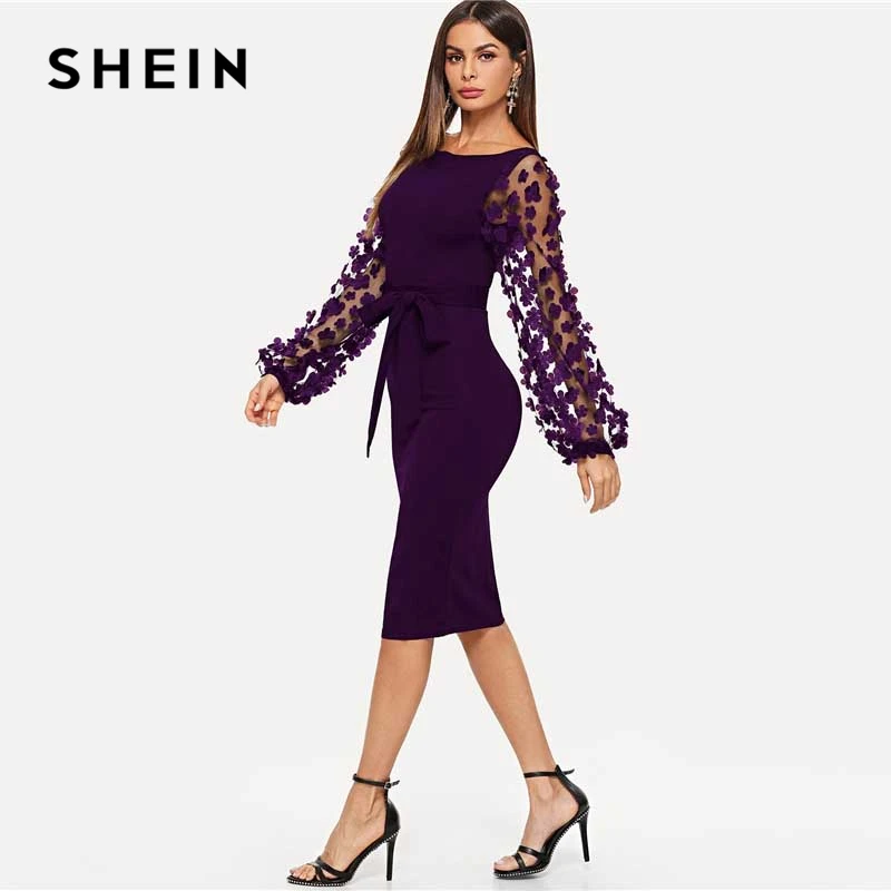 SHEIN الأرجواني حزب أنيقة الصلبة زهرة زين شبكة كم شكل تركيب نحيل قلم رصاص اللباس الخريف مكتب سيدة النساء فساتين