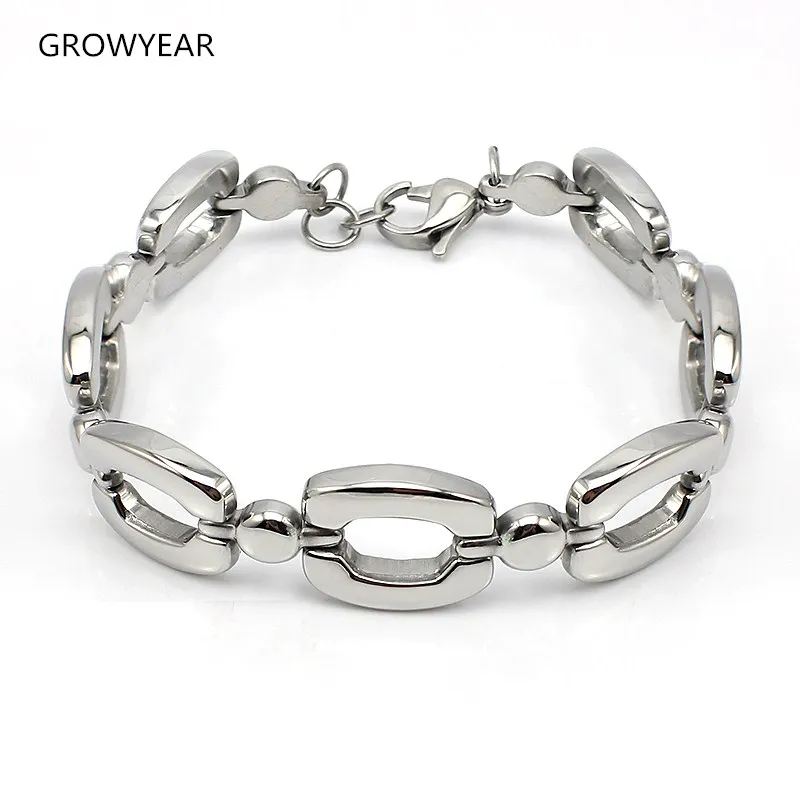 

solid women link chain bracelet silver color stainless steel square charm linked round charm bracelet lobster clasp