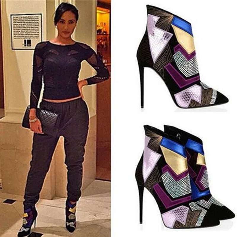 

Newest Women Shoes Fashion Special Sexy High Quality Ankle Gladiator Dress Shoes Mixed Colorful Crystal Pointed Toe High Heel