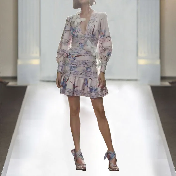 

Spring Summer 2019 Women's Deep V - Neck Long Sleeve Hemp Printing Mid - Print A-Line Dresses Women