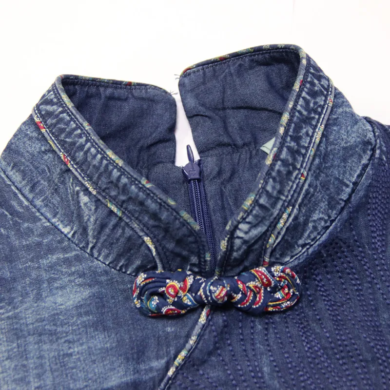 Women Denim Dress 2019 Vintage 100% Cotton Dress 34Sleeve Brand New A-line Elegant Mandarin Collar Vestidos Woman Dresses (19)