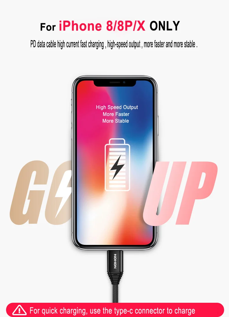 NOHON usb type C 18 Вт PD кабель для быстрой зарядки для iPhone X 8 8 Plus, нейлоновый USB-C кабель для зарядки телефона, двусторонний кабель для синхронизации данных