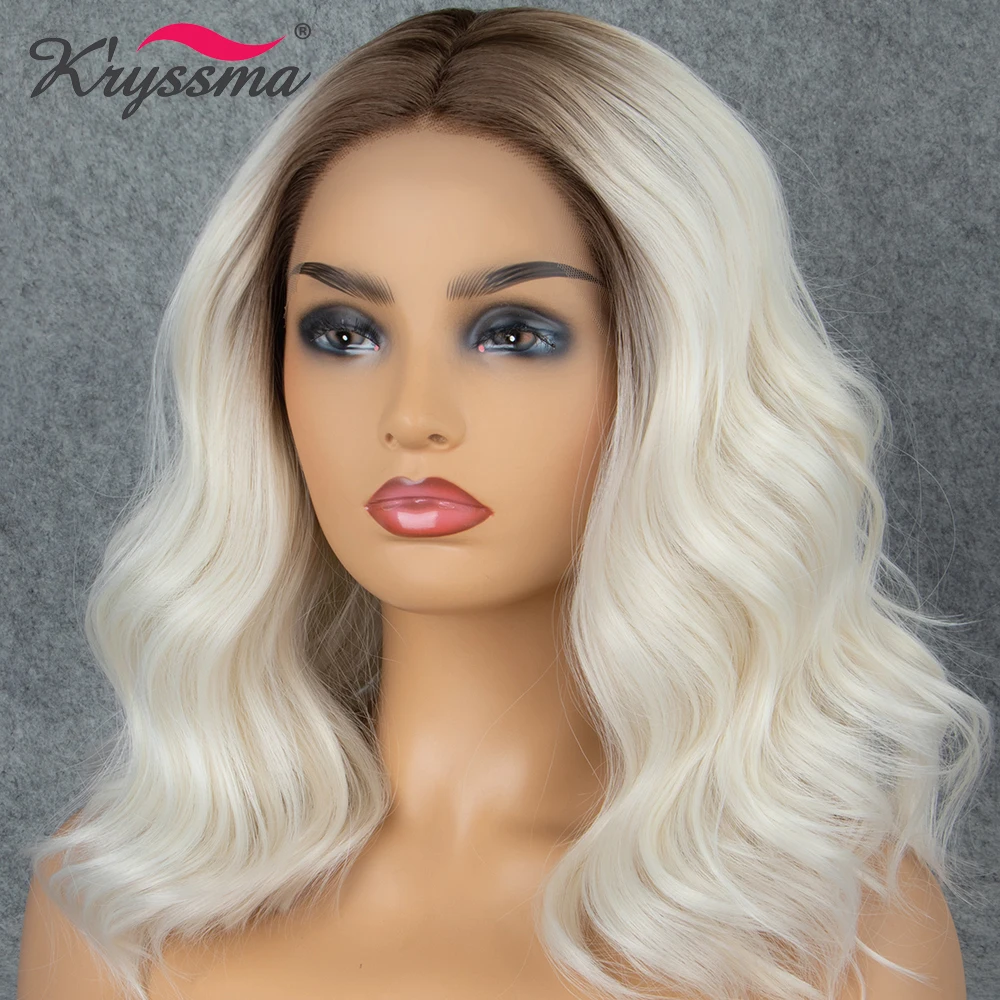 Kryssma синтетический парик на кружеве короткий волнистый белый Омбре темные корни парики для женщин волосы термостойкие волокна средняя часть косплей