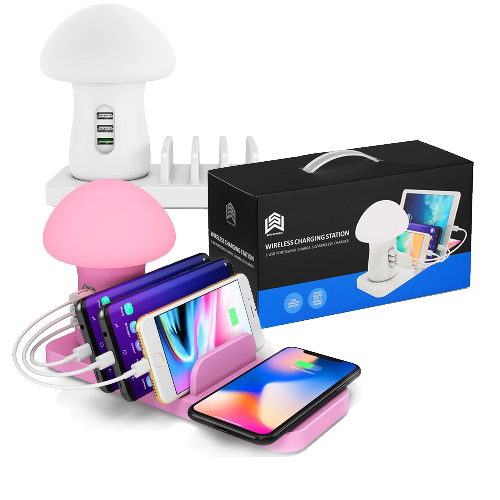 

Mushroom Night LED Lamp Phone Tablet Charging Station USB Socket QC3.0 Wireless Fast Charger with 3 USB Charging Ports