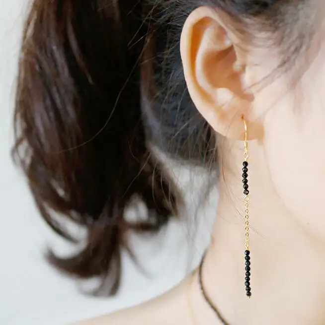 

Simple Natural Black Spinel Ball Solid 925 Sterling Silver Dangling Earrings