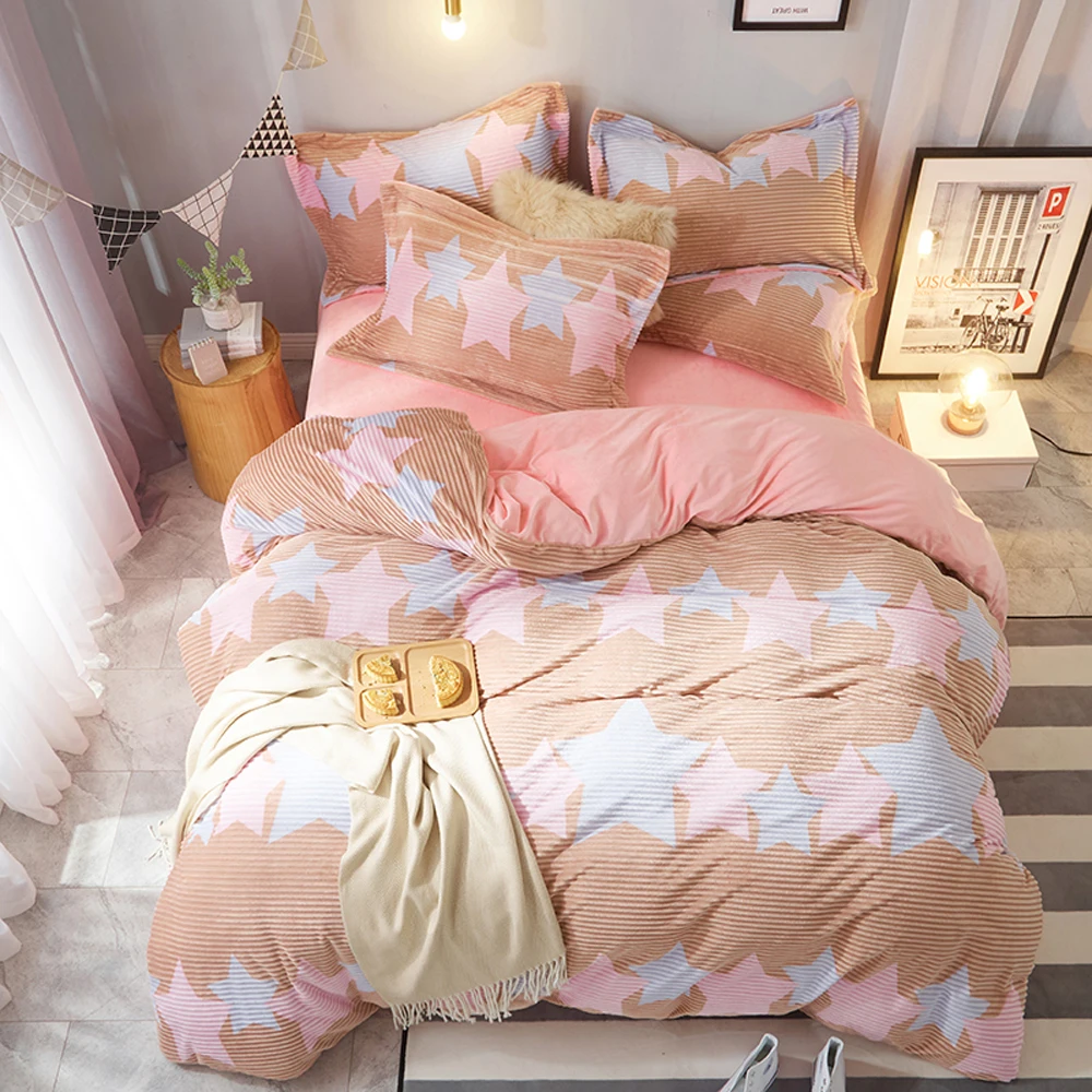 

2018 Pink Blue Stars Brown Stripes Bedding Sets Microfiber Fleece Duvet Cover Set Winter Thick Warm Queen King Size Bedlinens
