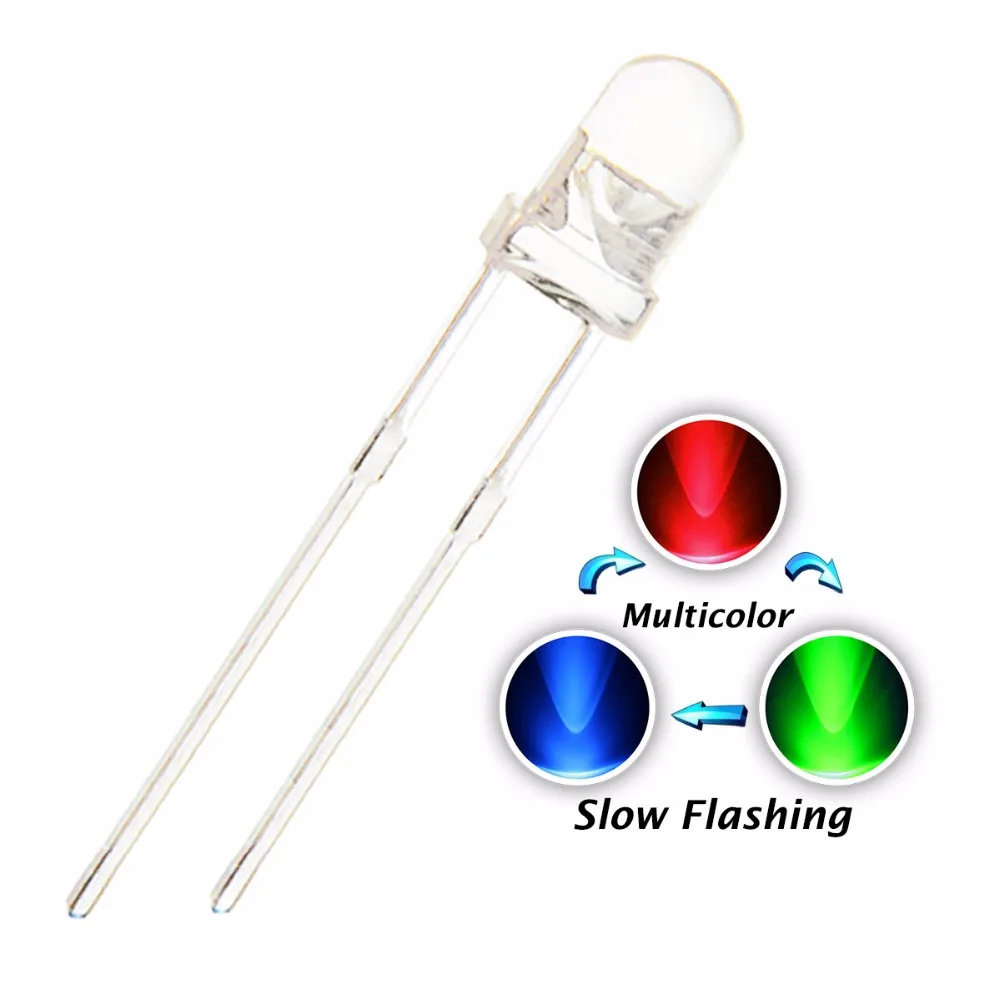 

100pcs 3mm/f3 Water Clear RGB Slow Flash Round Head DIP-2 LED Blinking Multicolor Flicker 20mA 3V Lamp Light Beads