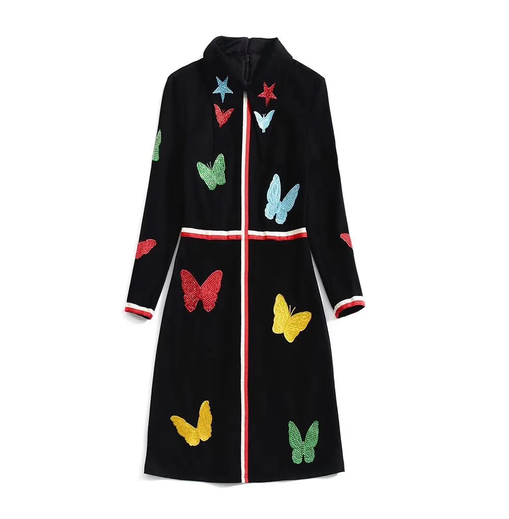 

Autumn 2019 new European and American women's wear Long sleeve lapel butterfly ironing diamond embroidery fashion dress