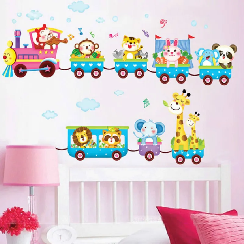 Мультяшные Животные поезд для стены в детской комнате наклейки для детской комнаты Мальчики комната adesivo де parede наклейки на стены