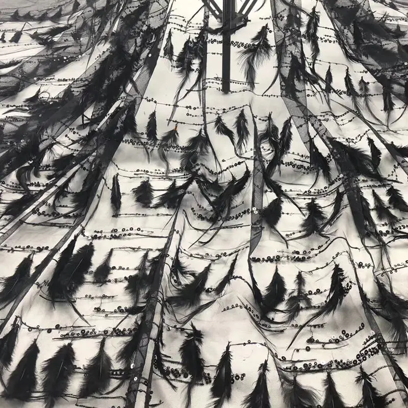 

black sequins french lace fabrics feather embroidery tulle mesh lace fabric with sequins 2019 High quality RG901