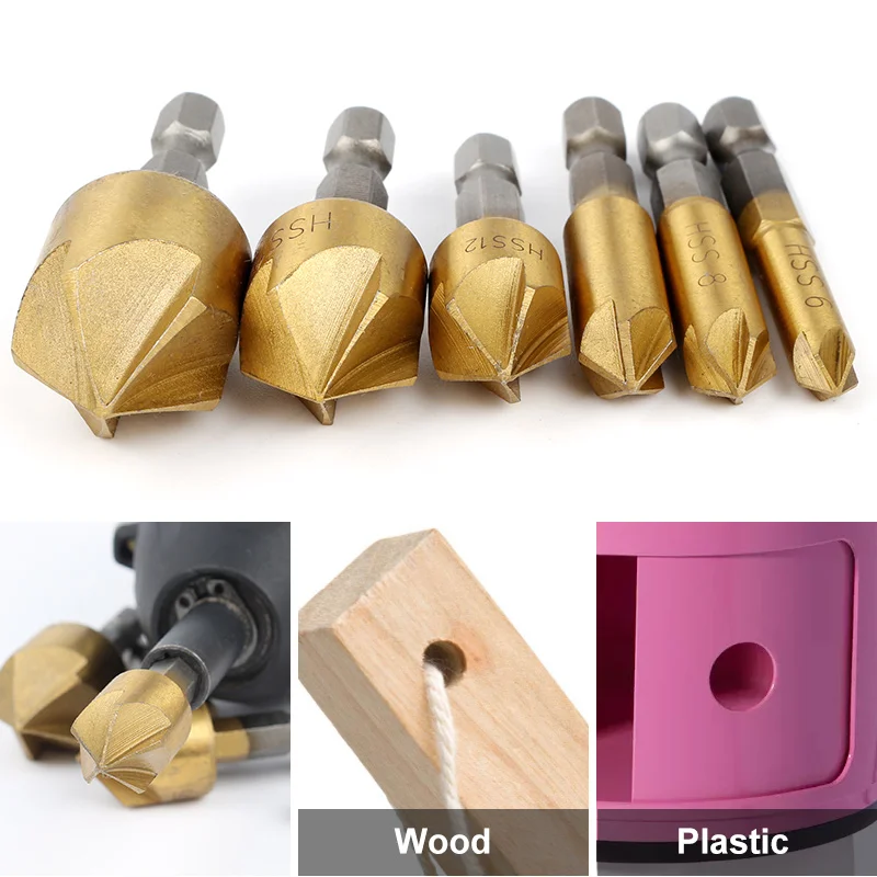 

6PCS Round shank 5 Flute HSS Hard Metals natural color Five Edge Chamfer Chamfering End Mill Cutter Countersink Drill Bit