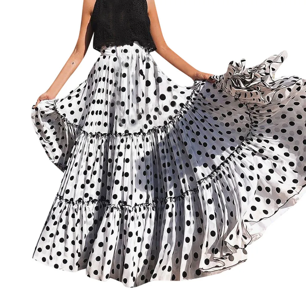 

Bohemian Summer Women Skirt Plus Size High Waist Dot Print Loose Ruffled Pleated Skirts Ladies Beach Sexy Sundress z0513