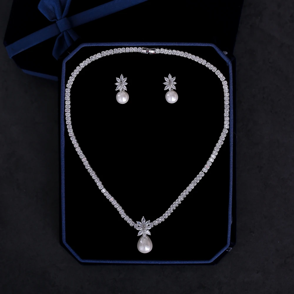 

Women Anniversary Necklace Earrings Jewelry Set Cubic Zirconia Choker Simulated Pearl Dangle Earring Pendant Zircon Bijoux Gifts