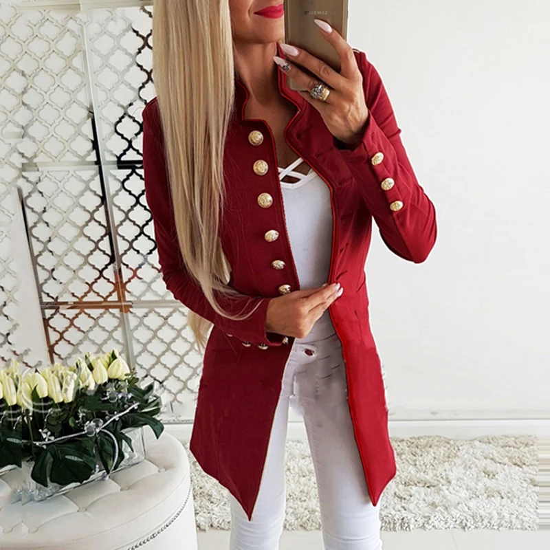Lossky Women Jacket Blazers Slim Lady Office Wear Outwear Long Sleeve Stand Collar Formal Suit Long Black Red Autumn Spring Coat