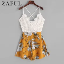 ZAFUL завязывают назад кружевную панель с цветочным принтом Ками Romper без рукавов Перекрестный Повседневные женщины Сексуальные боди на