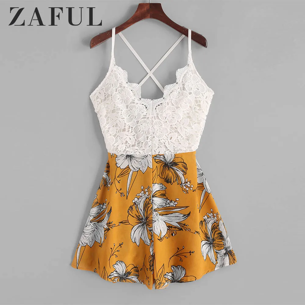 ZAFUL завязывают назад кружевную панель с цветочным принтом Ками Romper без рукавов