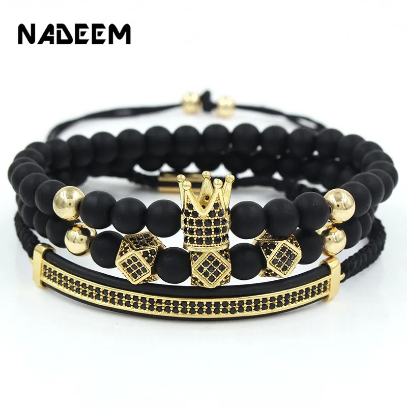 

3Pcs/Set Hip Hop CZ Crown Moon Charm Braiding Bracelet Sets Black Natural Stone Bead Women Men Luxury Bracelet Pulseira Bileklik