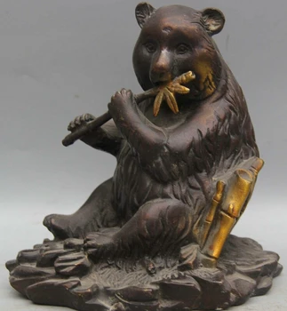 

song voge gem S2433 6 Chinese Fengshui Folk Bronze seat panda bear cat bamboo Statue sculpture